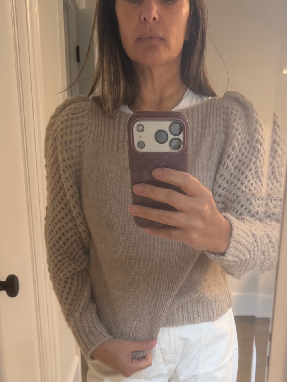 Taupe Knit Sweater - Puff Sleeve